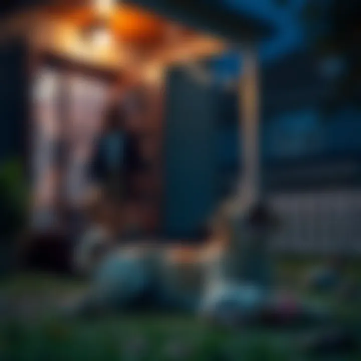 A woman stands outside her home at night, looking worried as her dog barks fiercely. A dead chicken lies on the ground nearby, adding to the tension of the scene.