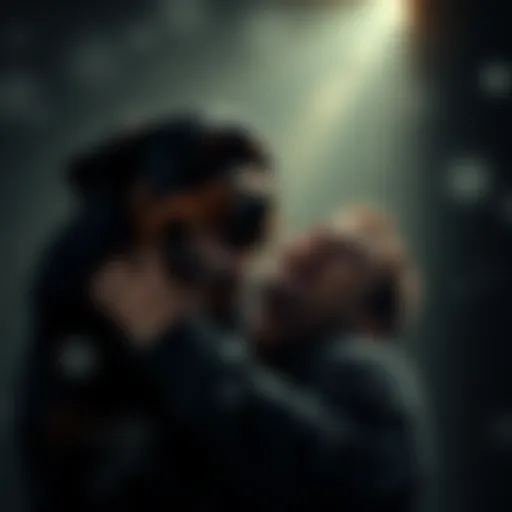A Rottweiler biting a man in a dark setting, with shadows and an eerie atmosphere