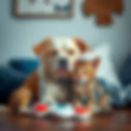 An 8-year-old dog and a 1-year-old cat sitting closely together in a cozy setting, showcasing their companionship.