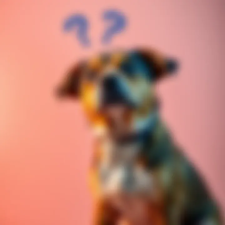 A playful dog looking curiously with a question mark above its head, inviting people to guess its name