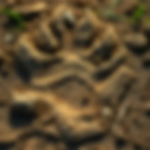 A close-up view of a paw print in the dirt, possibly belonging to a dog man, with soil and grass around it.