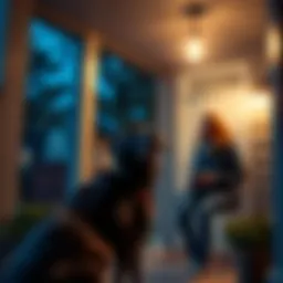 Dog on porch during night A startled person looking at a strange dog on their porch at night while holding a snack