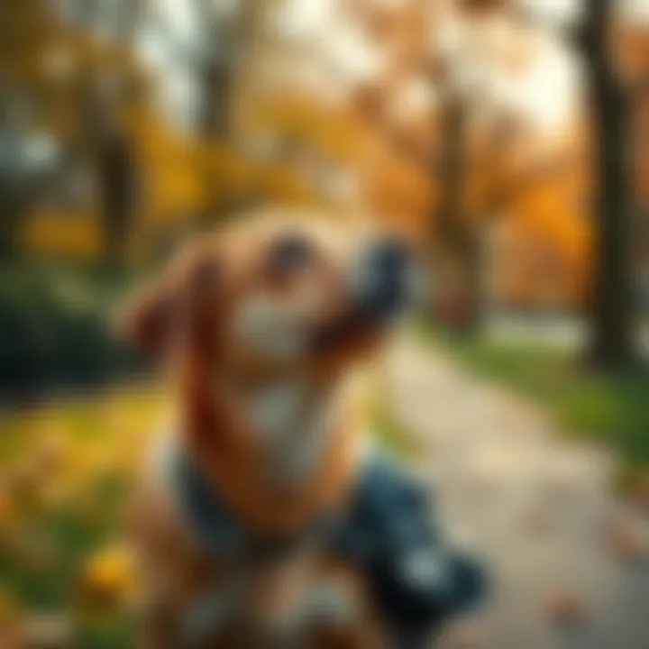 A worried dog owner searching in a park for their missing dog, looking hopeful and determined.
