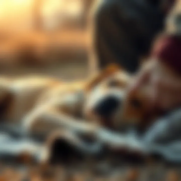 A dog lying peacefully on a blanket, looking up with loving eyes as its owner kneels beside it, holding its paw, sharing a quiet moment before the dog's passing.