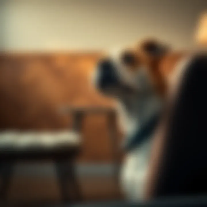 Dog Sensing Owner's Grief A dog with its head tilted, looking towards an empty chair, showing signs of curiosity and sadness after the owner's loss.