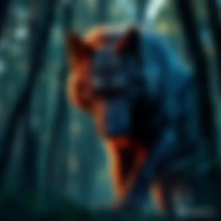 Dogman or Dire Wolf A depiction of a large wolf-like creature in a forest, suggesting the connection between Dogman and dire wolves.