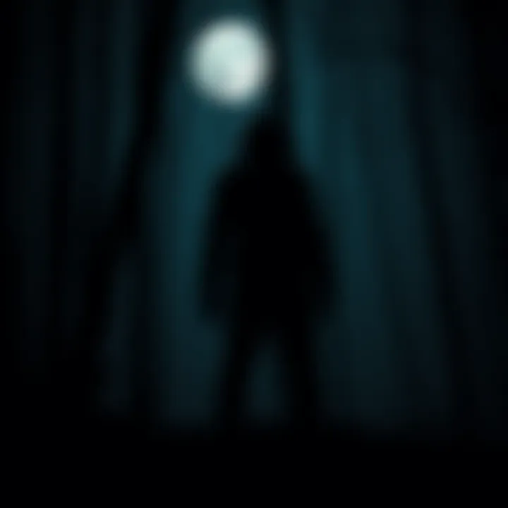 A shadowy figure resembling a dog-like creature stands in a dark forest, illuminated by moonlight, evoking a sense of fear and curiosity among onlookers.