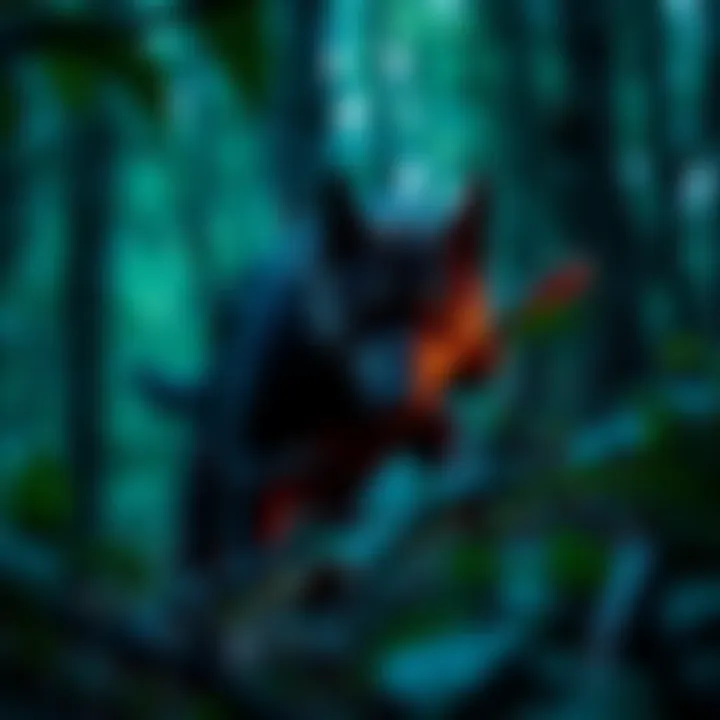 Dogman in the Woods A Dogman lurking in the shadows of a dense forest, observing potential prey, illustrating hunting tactics.