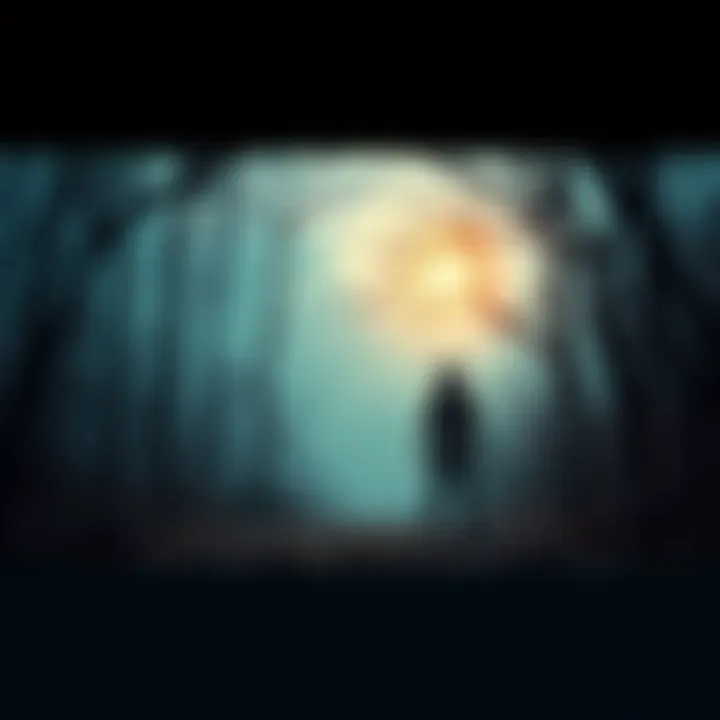 Dogman near Canyon Lake A mysterious creature resembling a dogman stands in a wooded area near Canyon Lake, Texas, surrounded by trees and fading light.