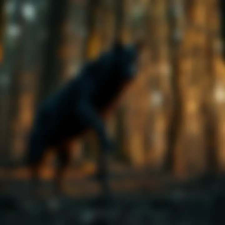 A dark, wolf-like creature standing in a forest, surrounded by trees and shadows.