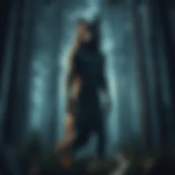 A tall, wolf-like creature standing in a dense forest, looking out towards the viewer with glowing eyes.
