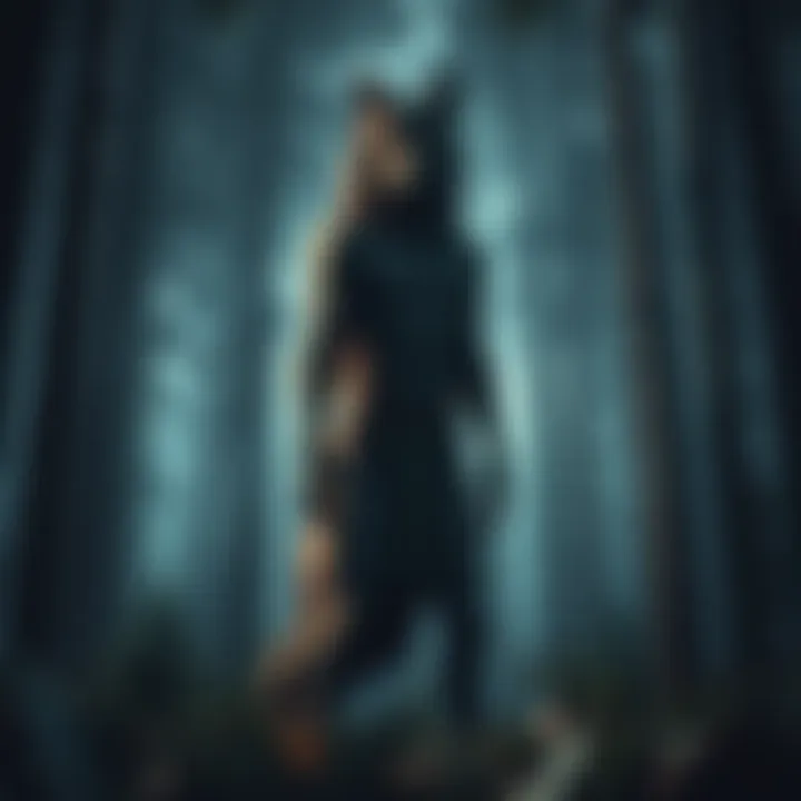 Dogman in Forest A tall, wolf-like creature standing in a dense forest, looking out towards the viewer with glowing eyes.