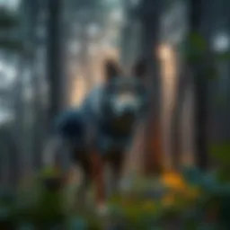 A large, wolf-like creature standing in a dense forest, looking alert and curious.