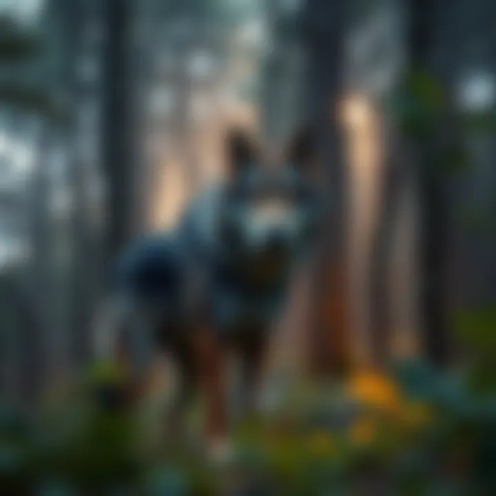 A large, wolf-like creature standing in a dense forest, looking alert and curious.