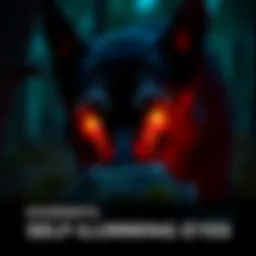 A close-up of a Dogman creature with self-illuminating eyes glowing in the dark forest