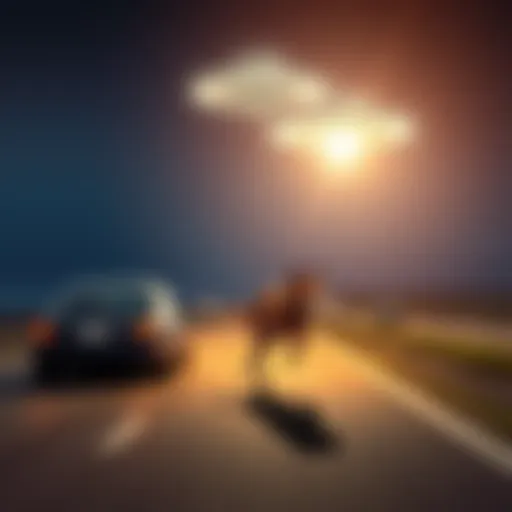 A Dogman sprinting past a car on a highway with a UFO in the sky above in Kansas at night