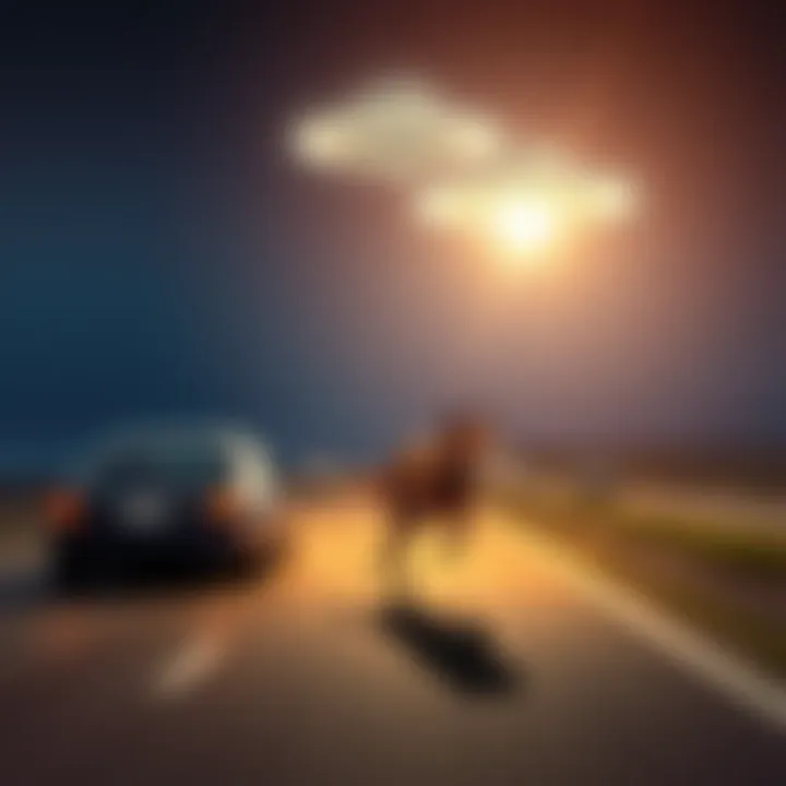 A Dogman sprinting past a car on a highway with a UFO in the sky above in Kansas at night