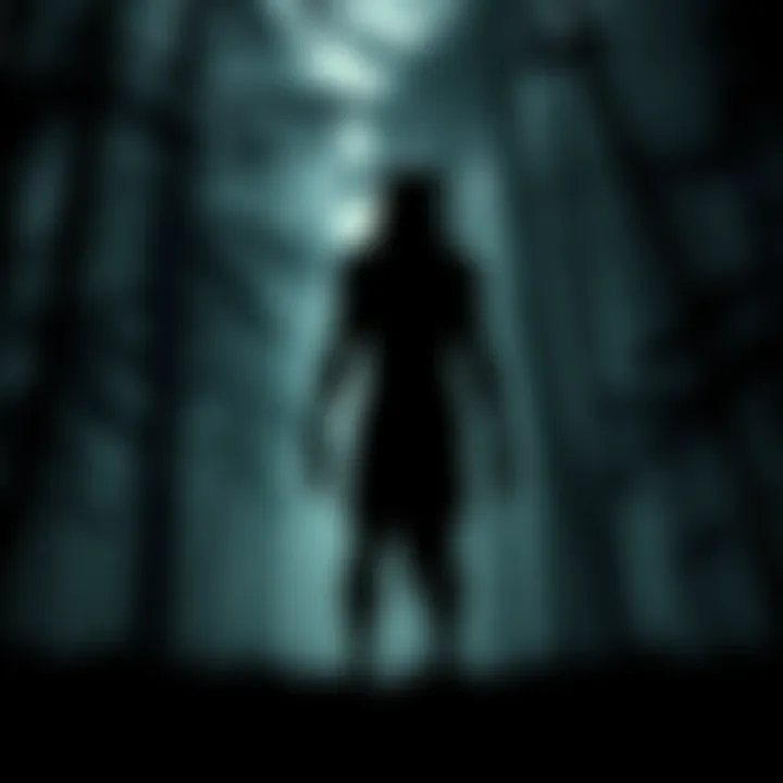 A silhouette of a creature resembling a dogman stands in a shadowy forest, surrounded by trees, creating a sense of mystery.