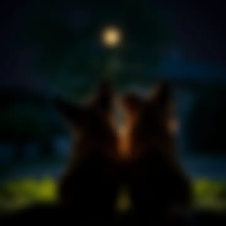 Dogs Staring into the Backyard at Night Two dogs sitting side by side, intently looking into a dark backyard, their faces illuminated by moonlight.