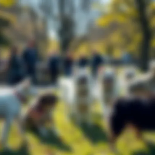 A group of happy people playing with their dogs in a sunny park