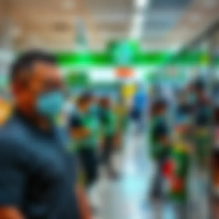 Employees at Dollar Tree with masks and new plexiglass partitions in the store