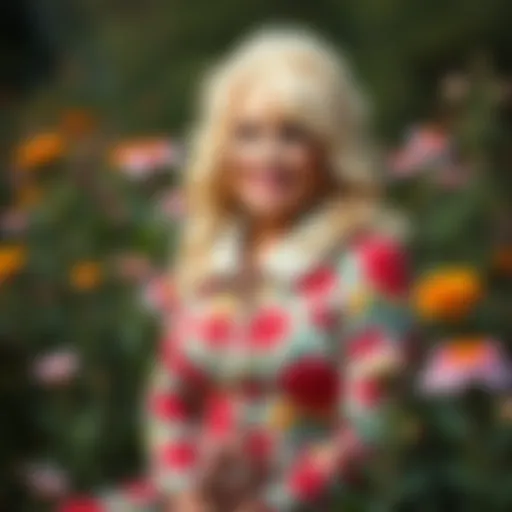 Dolly Parton in a Floral Outfit Dolly Parton smiling in a colorful floral dress, surrounded by nature, reflecting earth sign traits