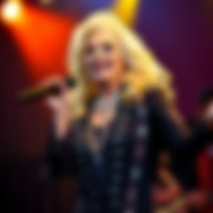 Dolly Parton performing with a microphone in hand, radiating joy and connection with the audience.