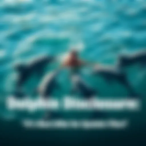 A man being surrounded by playful dolphins in the ocean, hinting at an unusual encounter between marine life and a human.