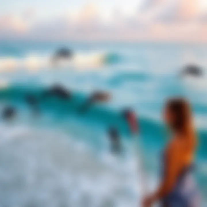 Dolphins Swimming in the Ocean A young woman looks out at dolphins jumping in the ocean while visiting the beach, surrounded by soft waves and sandy shoreline.