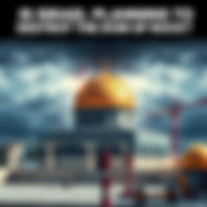 A visual of the Dome of the Rock under threat, with dark clouds above and construction tools nearby, symbolizing plans for destruction