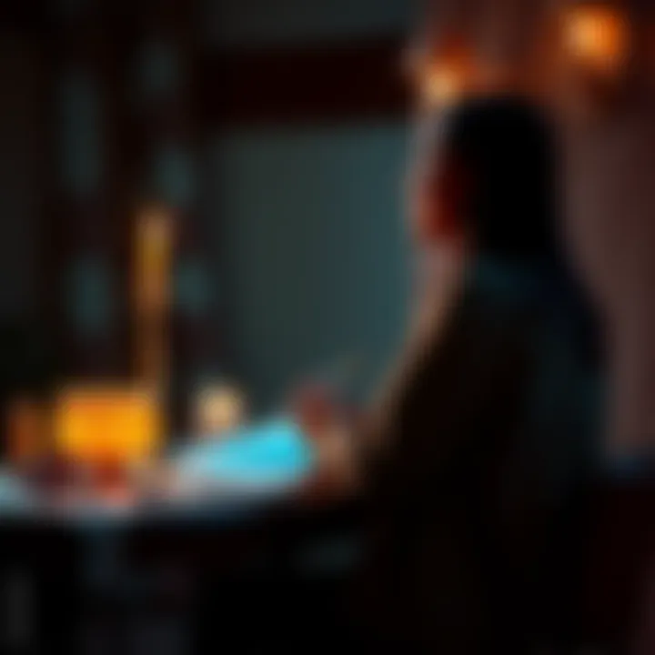 A person sitting at a table with candles and crystals, listening to a reader for guidance on personal matters