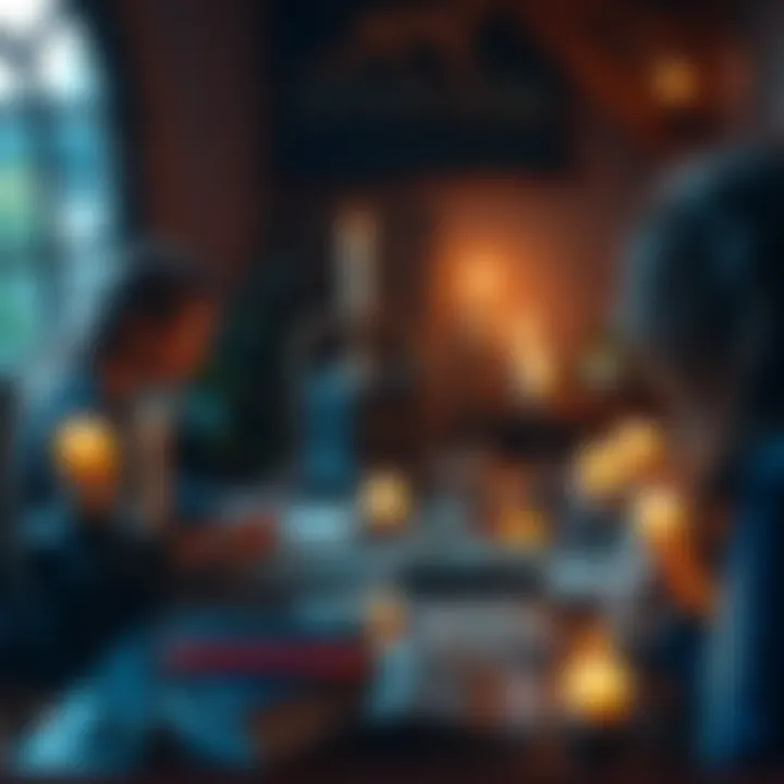 Sylvette providing tarot and oracle readings in a warm, inviting space, with cards laid out on a table and candles lit around her, inviting guests to participate.
