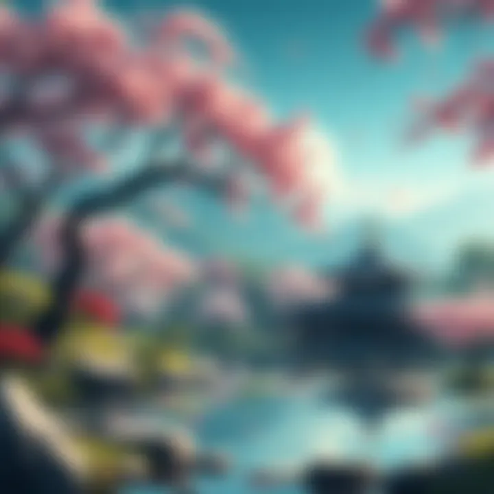 A serene landscape depicting a Zen garden with a tranquil pond and blossoming cherry trees, symbolizing the depth of Soto Zen philosophy.