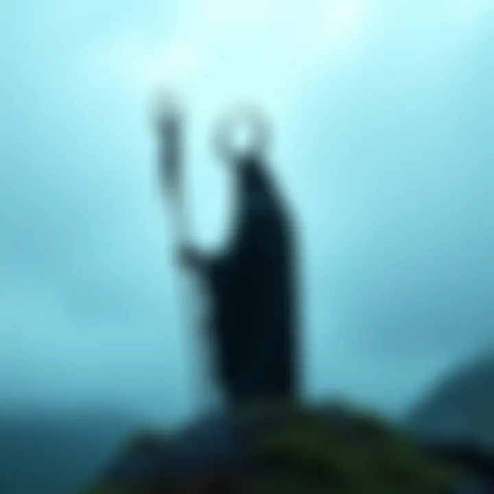 A depiction of Donn, the ancient Irish god of the dead, shown with a cloak and staff, standing on a hilltop overlooking a misty landscape.