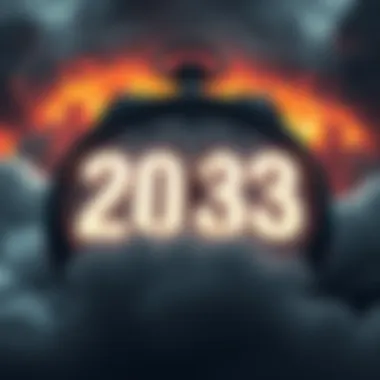 A clock showing a countdown to 2033 with ominous clouds in the background, symbolizing impending doom.