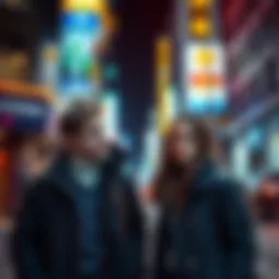 A scene showing two individuals who look remarkably alike encountering each other on a city street, suggesting a doppelganger encounter