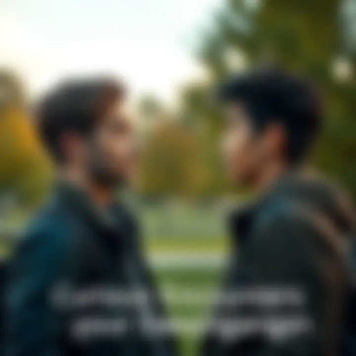 Two individuals stand face to face, expressing shock as they realize they look alike, with a blurred background of a park.