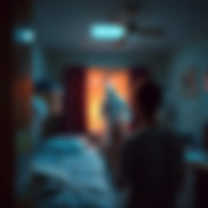A college student in a dimly lit dorm room looks frightened as a ghostly figure in a hospital gown appears near the window, with flickering lights above.