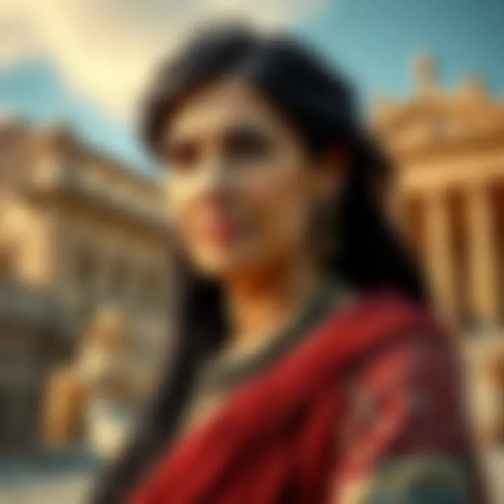 Portrait of Dorothy Eady A woman with dark hair, dressed in traditional Egyptian attire, standing in front of ancient Egyptian ruins, reflecting her connection to past lives and Egyptology.