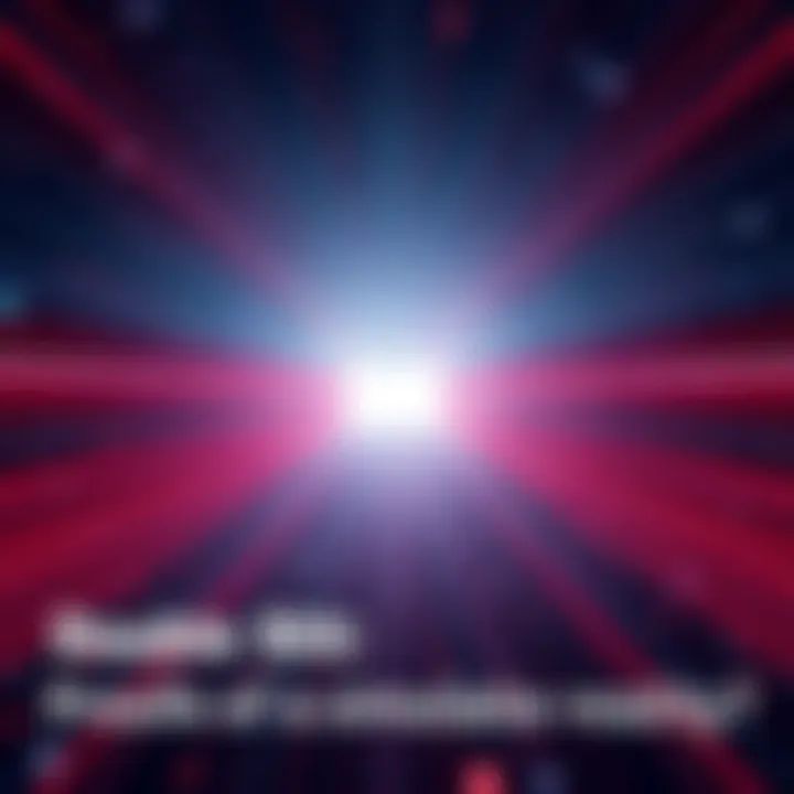 An illustration showing particles passing through a double slit, creating an interference pattern, with a background depicting a question of reality being simulated.