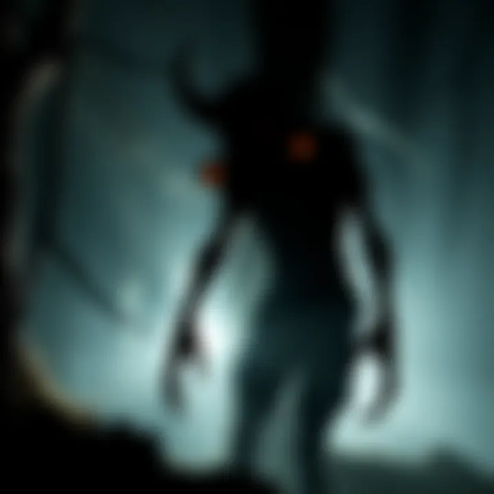 A mysterious creature with large eyes and a thin body seen in a wooded area at night, surrounded by shadows.