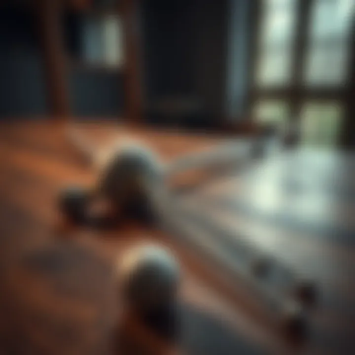 Two dowsing rods with balls at the ends, used for paranormal investigations, displayed on a wooden table.