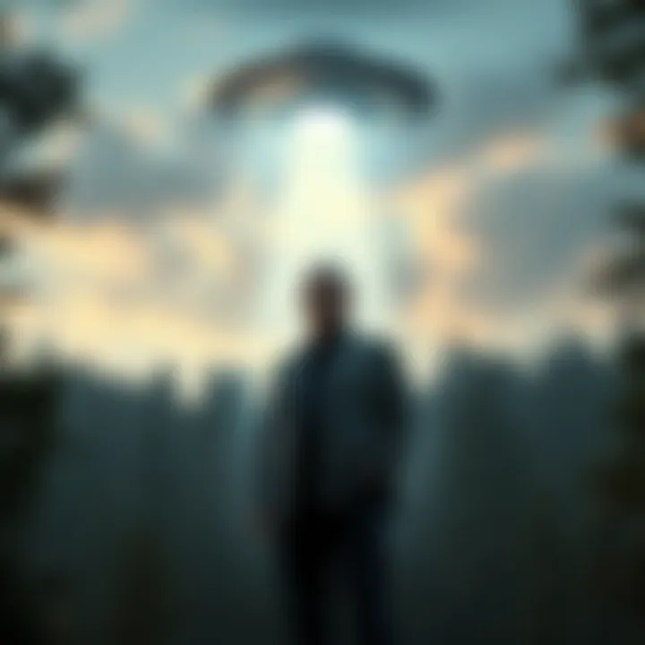 Dr. Jonathan Reed standing in a forest with a bright UFO in the sky above him during his 1996 encounter.