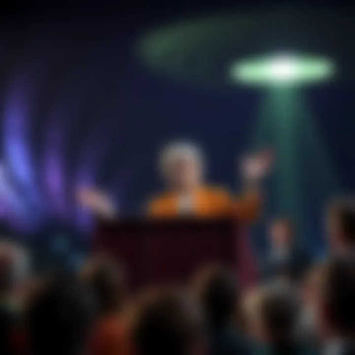 Dr. Carol Rosin at a podium, discussing staged alien invasion theories in front of an audience