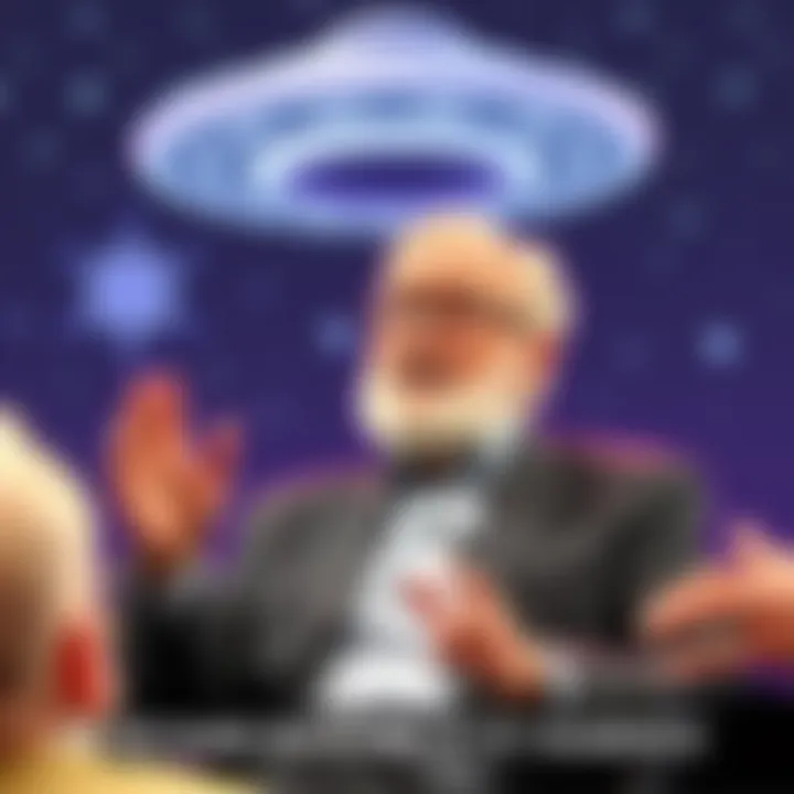 Dr. Richard Banduric speaking about extraterrestrial influence on humanity at a conference, with a backdrop of stars and a UFO outline