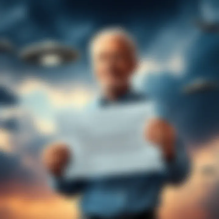 Dr. Steven Greer holding a letter addressed to President Trump and Congress, with a backdrop of a cloudy sky and unidentified aerial phenomena