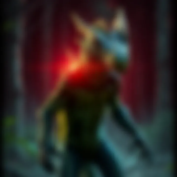 A Draco Reptilian character with green scales and sharp features, standing in a dark forest environment, showcasing a mysterious aura.