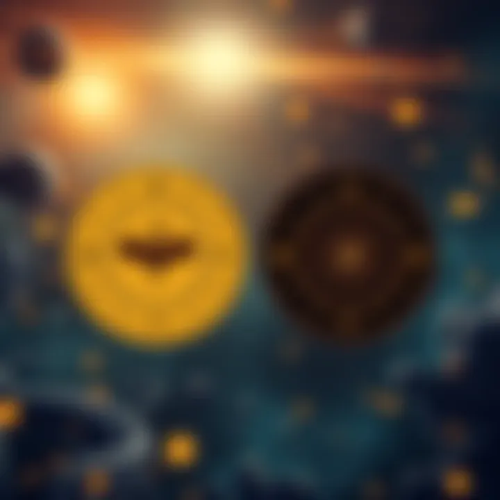 Illustration showing two astrological charts side by side, one representing draconic aspects and the other natal aspects, with celestial symbols and a cosmic background