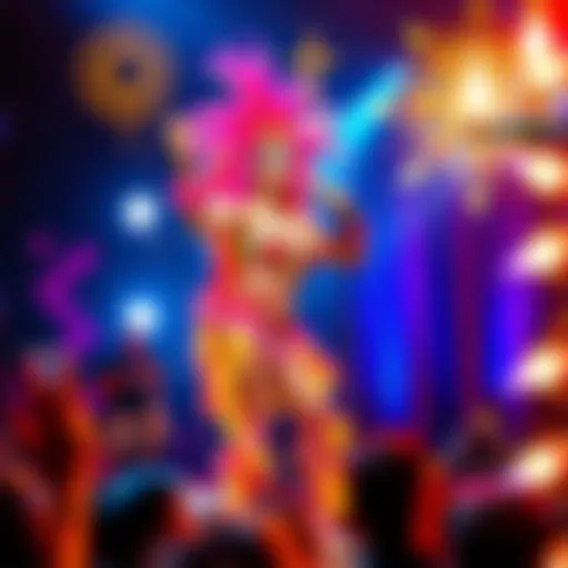 A colorful drag queen performing on stage with vibrant costumes and makeup, surrounded by an enthusiastic audience. The backdrop features spiritual symbols and lights, emphasizing the blend of art and...