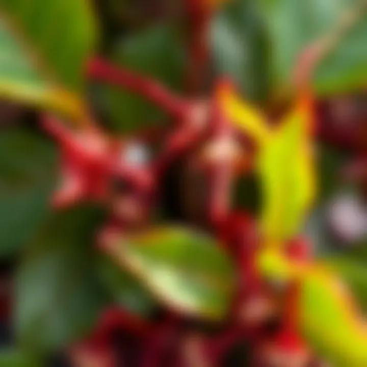 A close-up of Dragon's Blood resin in its natural form, showing its deep red color and shiny texture, surrounded by green leaves.